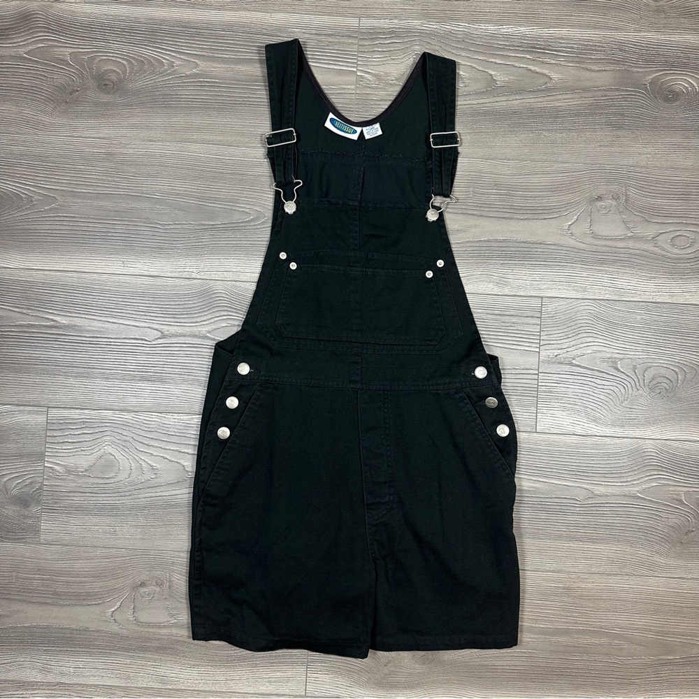 Vintage Black‎ Denim Short Overalls 90s Y2K Grunge Adjustable Romper Biballs